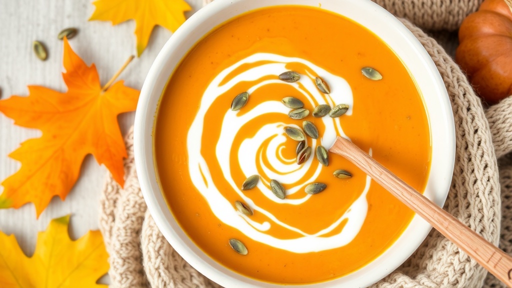 Creamy Pumpkin Soup Recipe A bowl of creamy pumpkin soup garnished with cream and pumpkin seeds, surrounded by autumn leaves and a cozy setting.